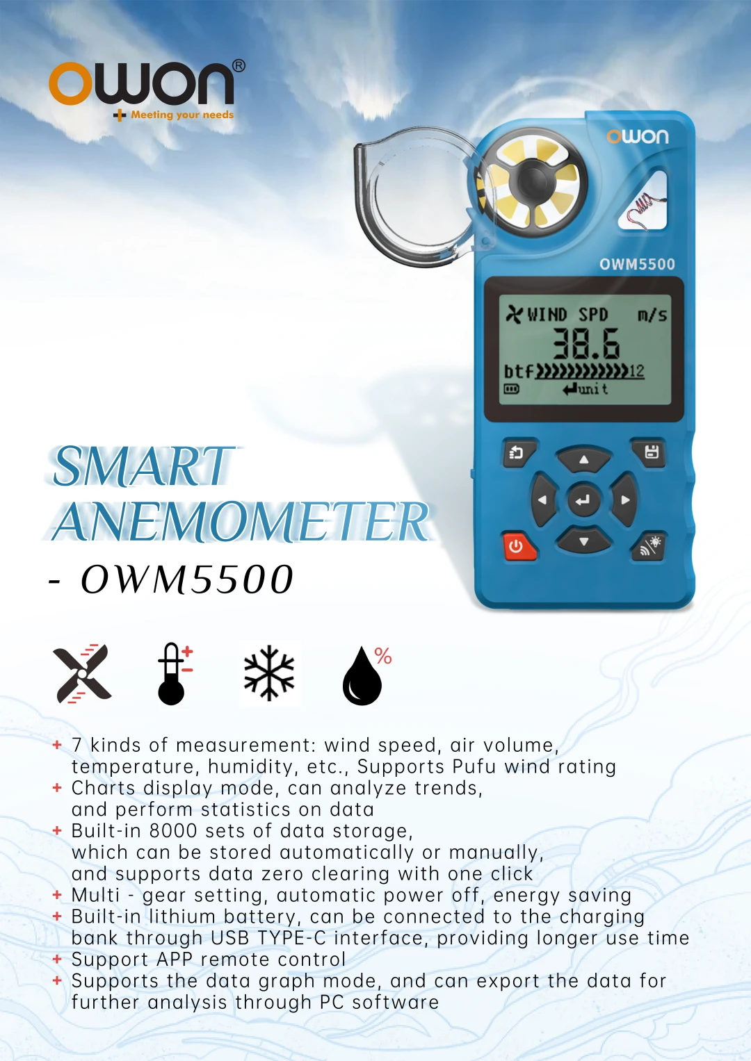 OWM5500 Digital Anemometer, 7-in-1 With 8000 Aata Memory, 7 Measurement Modes, T