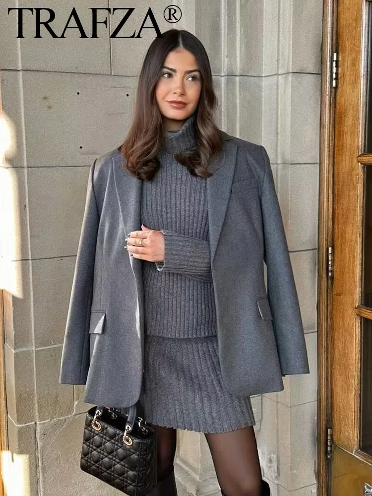 

Женский винтажный вязаный костюм TRAFZA, Свободный укороченный свитер с высоким воротом и длинным рукавом, женские пуловеры, шикарные топы и юбка