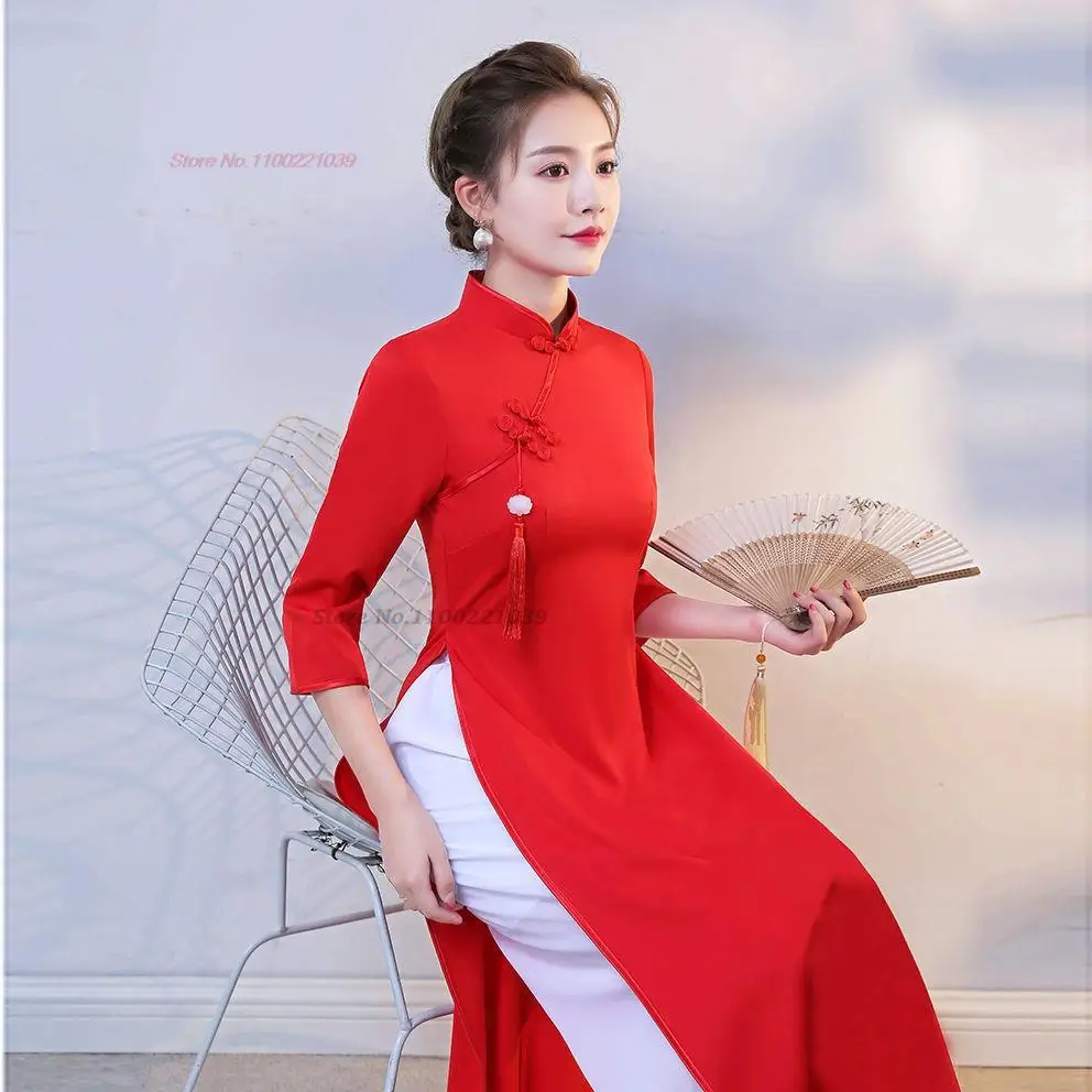 Traditional Vietnamese Aodai Dress Pants Set Oriental Qipao Cheongsam Banquet Evening Vestido