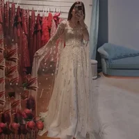 2024 Arabic Nude A Line Cape Sleeve Crystal Beaded Luxury Saudi Evening Dresses Gowns For Formal Occasion LA72764 Customized 1
