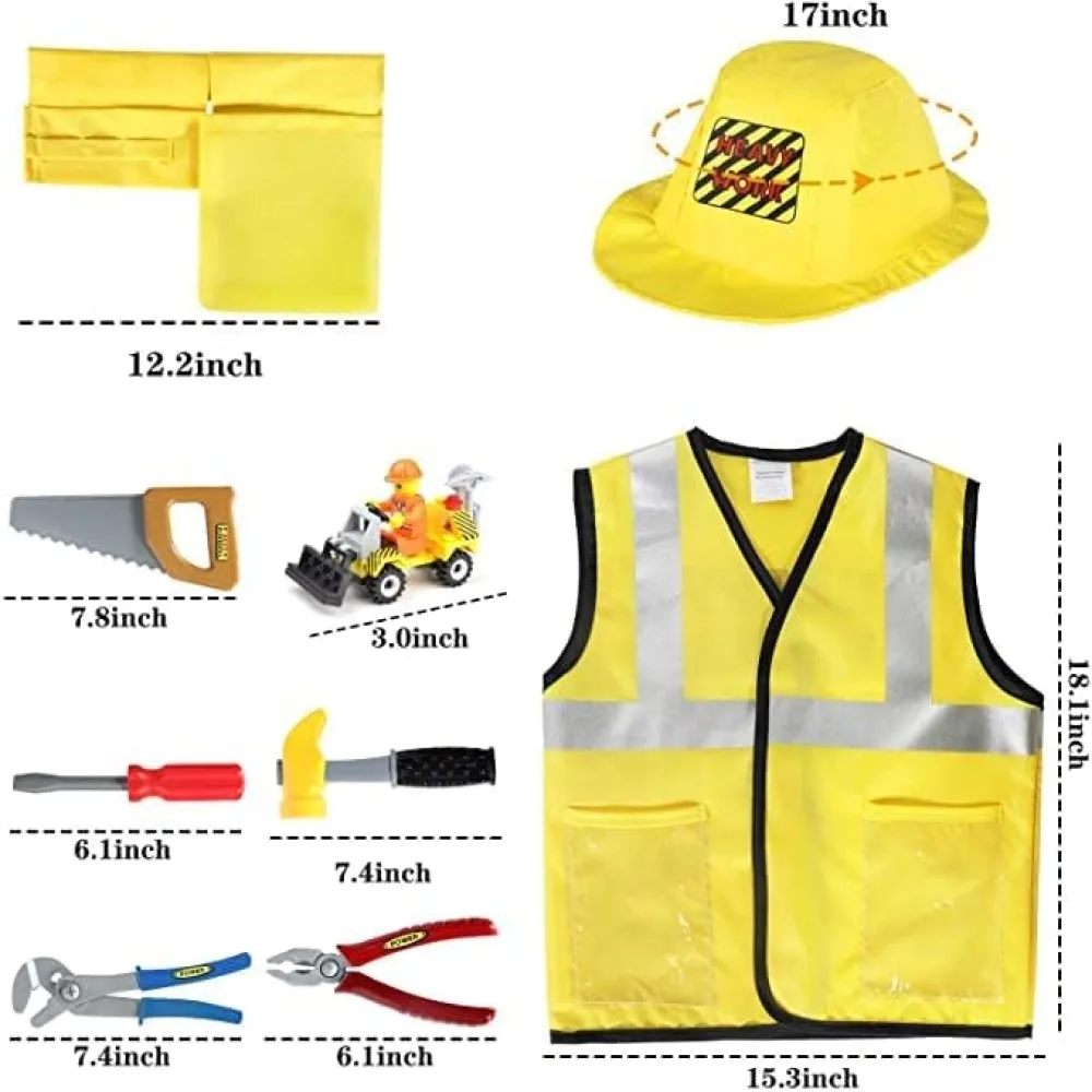 Construction Worker Costumes for Boys, Toddler Dress Up Clothes, Kid Builder Career Outfit, Tool Belt Vest Hat Pretend Role Play