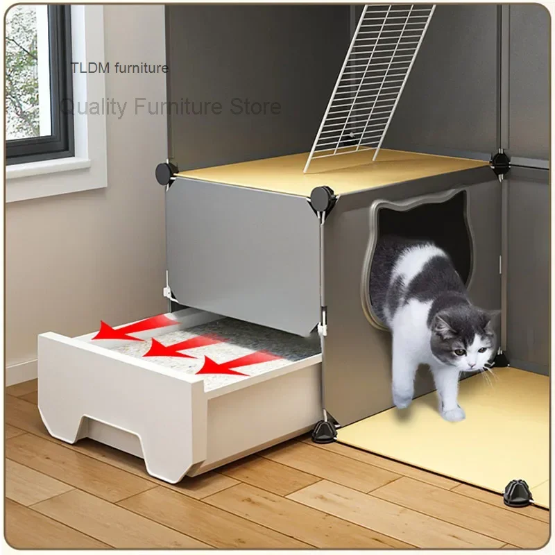 modern Iron mesh Cat Cages multi-layer space Cat Villa with Litter box Toilet pet Cage for Cats Indoor Luxury Cat house Dog Cage