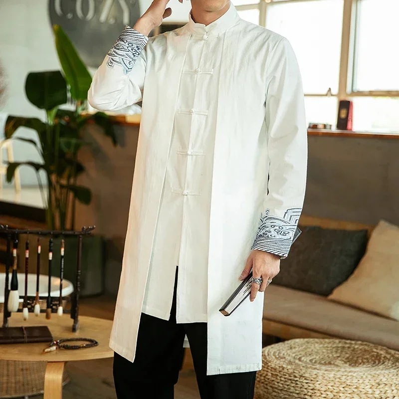 Streetwear Thin Tang Suit Coat Men Mens Linen Jacket Black Long Coat Male Hanfu Chinese Style Robe Harujuku Wind Breaker