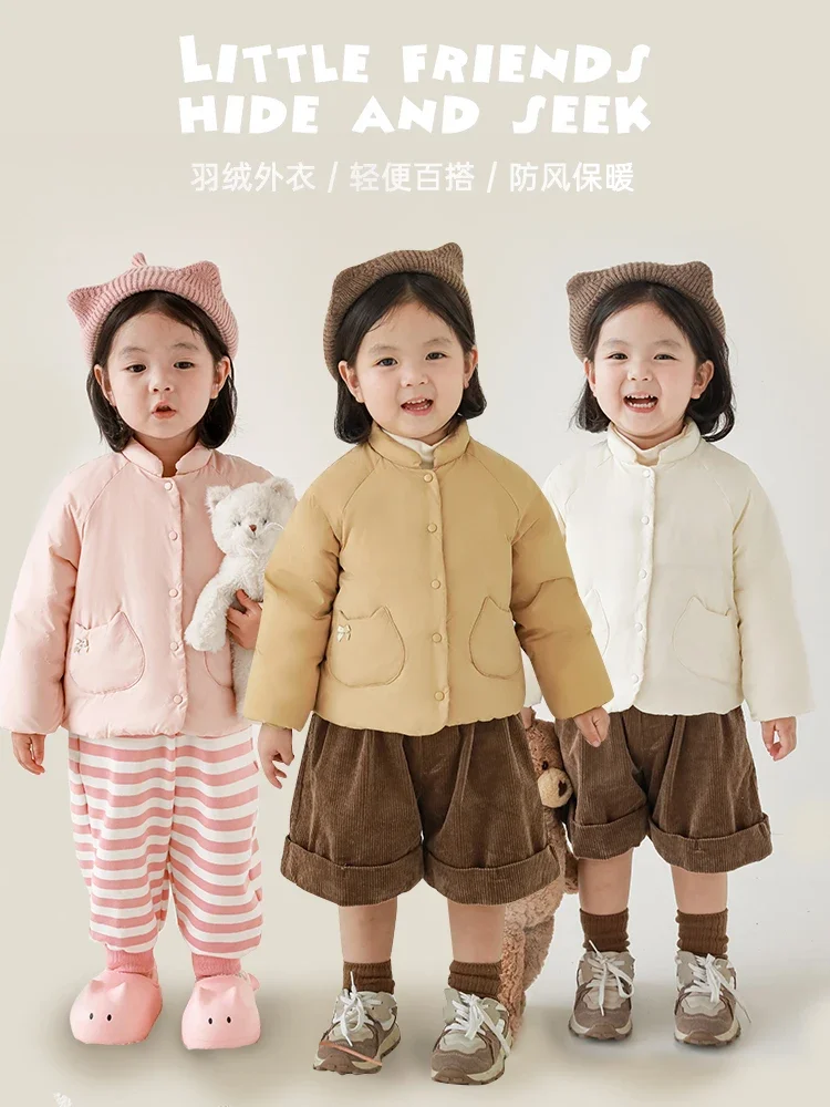 

Girls' Cat Pocket Down Jacket 2023 Winter Children's Cute Bow Windproof Lock Warm Raglan Coat