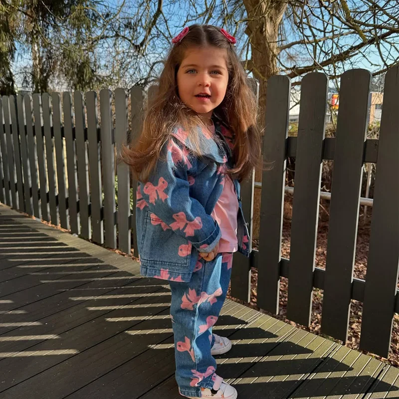 2025 New Denim Kids Set – Bow Print Baby Girl Dress & Denim Jacket 4