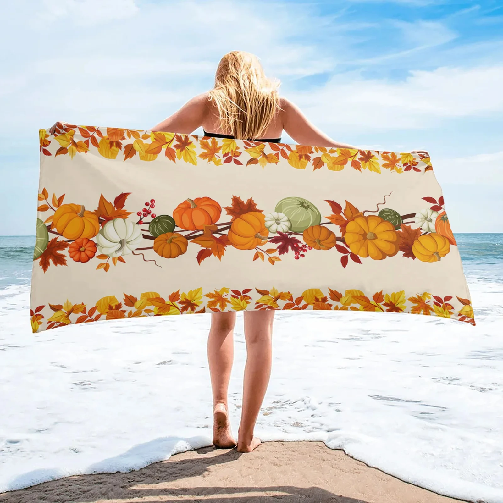 

Autumn Pumpkin Maple Leaves Print Beach Towel Absorbent Quick Dry Bath Towel Super Soft Beach Blanket Travel Towel for Swim Gym