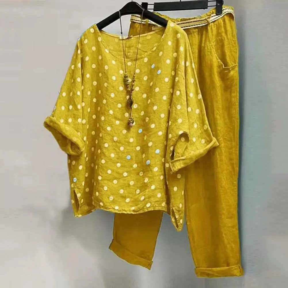 Summer Polka Dots Printed Sets Women Tracksuit Half Sleeve O Neck Blouse Casual Trousers Outfit Sets chandals mujer golden chain retro men s t shirt trousers tracksuit 2 piece sets short sleeve pants street unisex 3d printing summer clothes