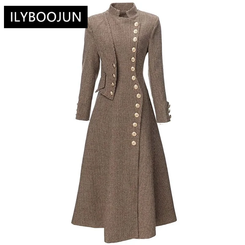 

2023 Luxury Brand High Quality Winter Plaid Tweed Coat Women Stand Collar Long Sleeve Double-Breasted England Style Outwear