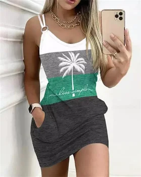 Abiti da donna Moda estiva Stampa albero di cocco Casual scollo a V senza maniche Design tascabile Mini abito per le vacanze quotidiane DF4984 1