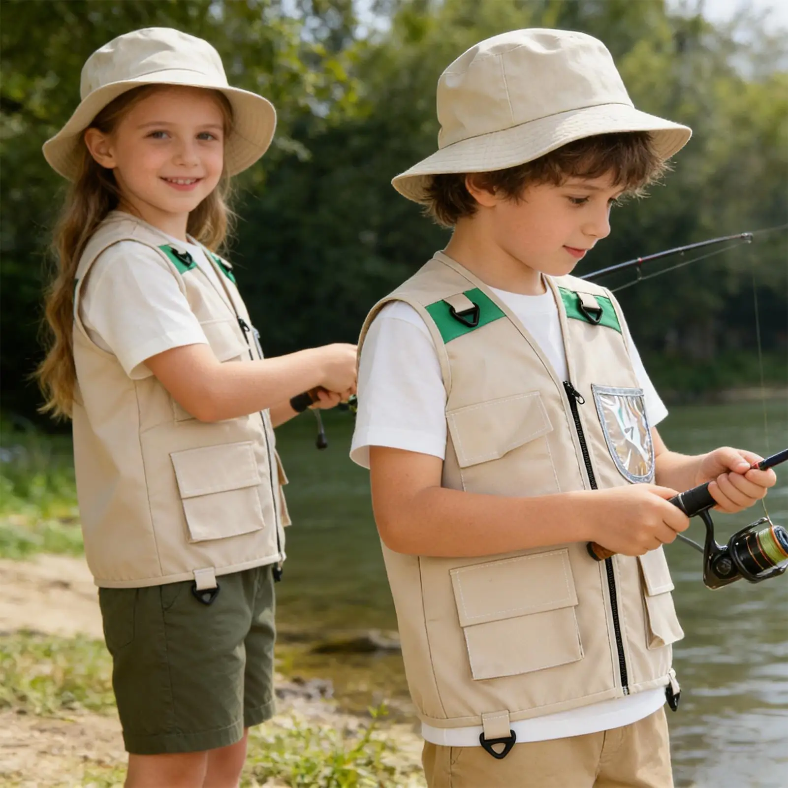 모자가 달린 어린이 사파리 조끼 통기성 의류 어린이 야외 사파리 카고 조끼 청..