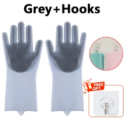 Magic Silicone Dishwashing and Cleaning Gloves with Scrubbing Bristles (Grey - Hook)