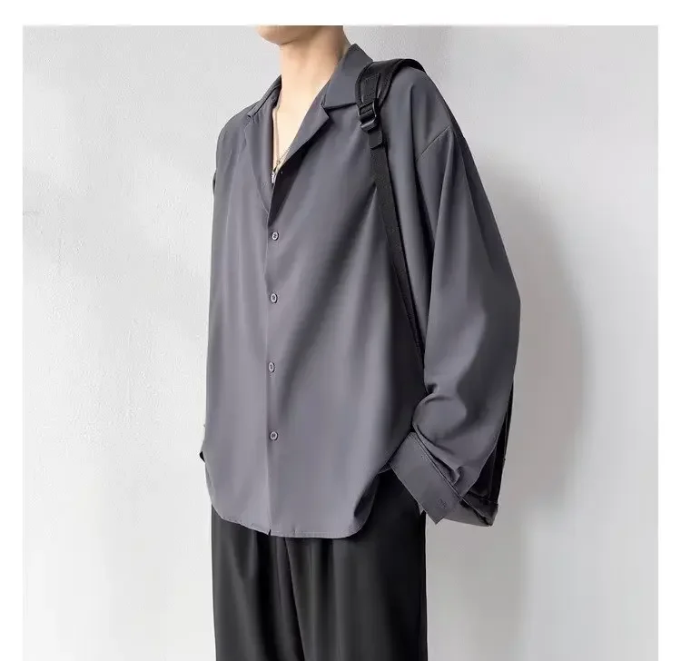 Koreanische Mode männer Hemd Frühling Sommer Neue Lose Beiläufige Lange ärmeln Revers High Street Männlichen Anzug Hemd Weiß schwarz Grau Grün – Detail 13