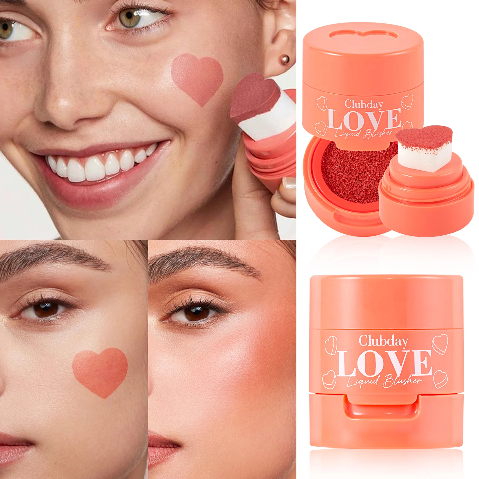 Heart Shaped Blush Stick with Sponge Head Stamp Design Waterproof and Sweat Proof to Modify Cheeks to Be Naturally Rosy