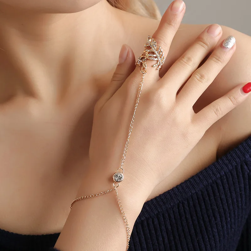 GENEMA Rhinestone Finger Ring Bracelet for Women Girls Dainty Hand Chain  Harness Bangle Beach Wedding Party Wrist Accessories 