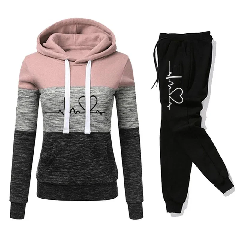 Women Tracksuit Printing Hooded Sweatshirt Sweatpant Color Block Versatile Casual Jogging Pullovers Sport Trousers Outfits S-3XL 6