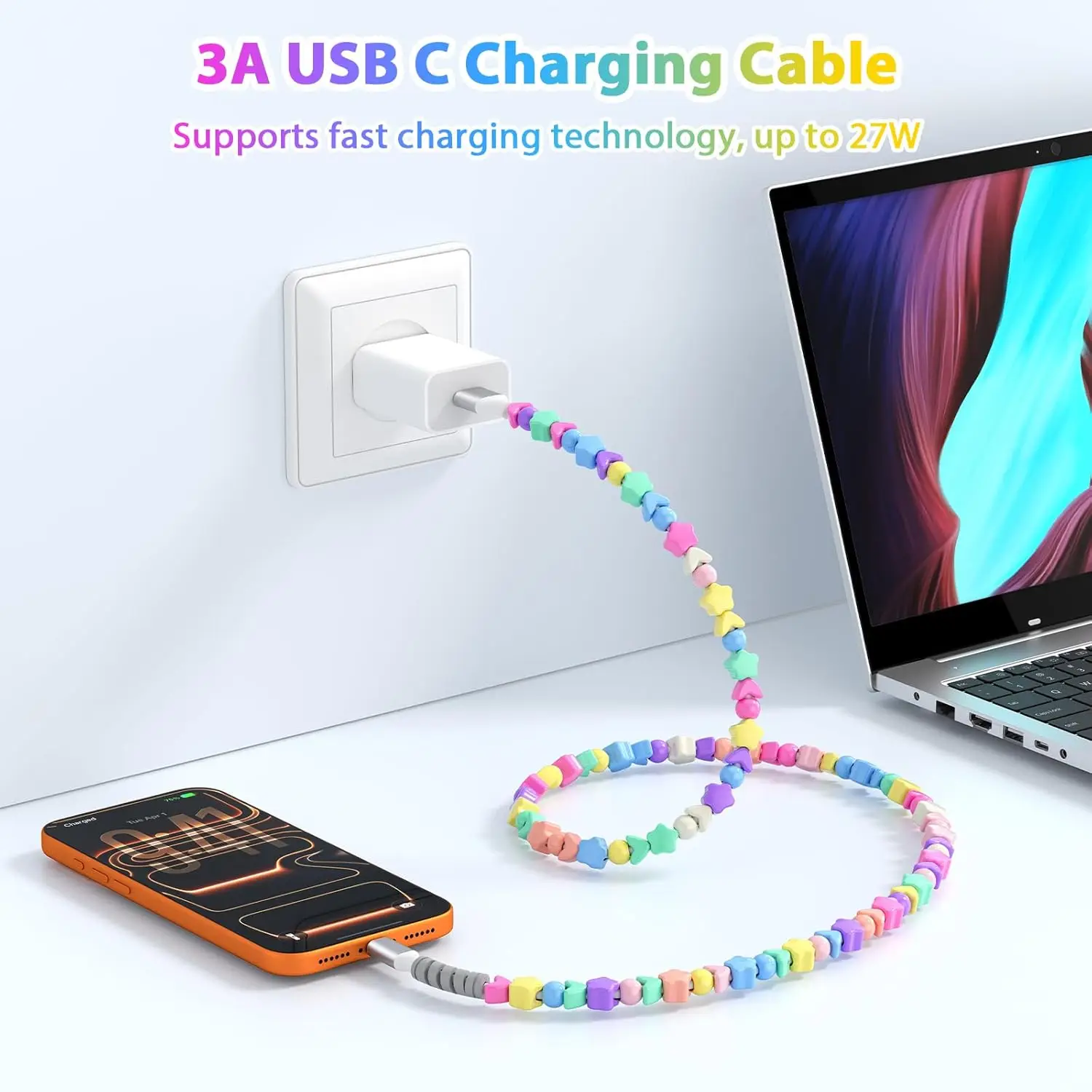 USB C 케이블 3.3피트 화려한 비즈 충전 케이블 27W 아이폰 17 16 15 삼성 타입 C PD 고속 충전 케이블 여성용 선물