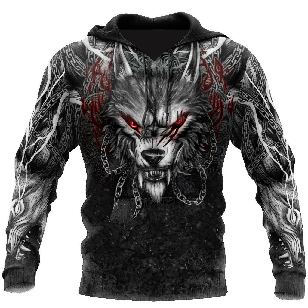 thumbnail image 1 of Sudadera con capucha de gran tamaño con estampado 3D de esqueleto cruzado y tatuaje rojo terrorífico para hombre, chándales casuales, ropa de animal de cuervo y lobo malo, 1 of 4
