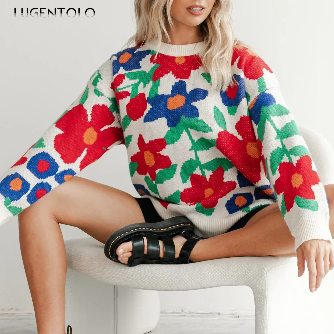 

Женский вязаный свитер с цветочным принтом, Свободный Новый Повседневный пуловер с круглым вырезом и длинным рукавом, модная одежда Lugentolo для осени и зимы