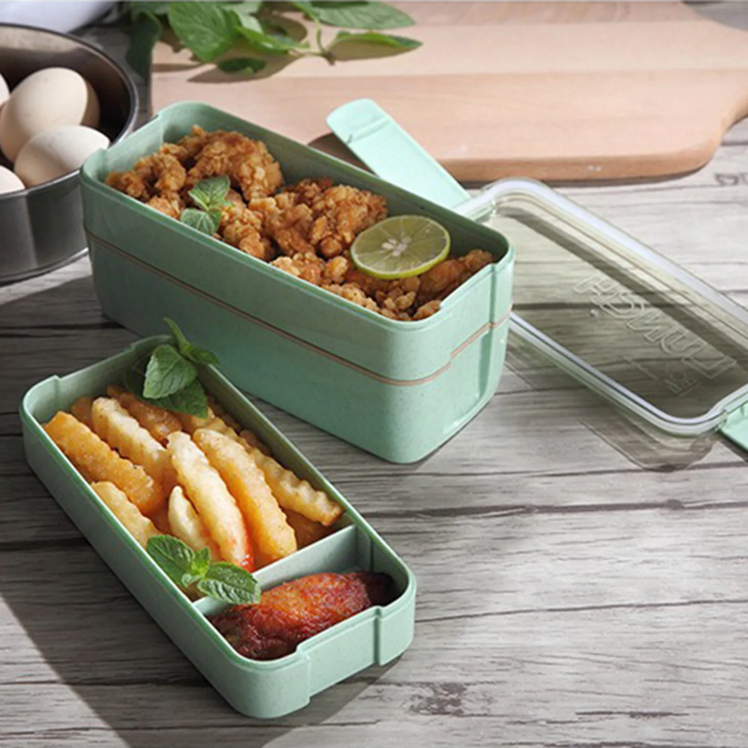 Eco-friendly Beige Stackable Bento Box Lunch Box for Adults Dishwasher and  Microwave Safe Leak Proof 2 Dividers Cutlery 