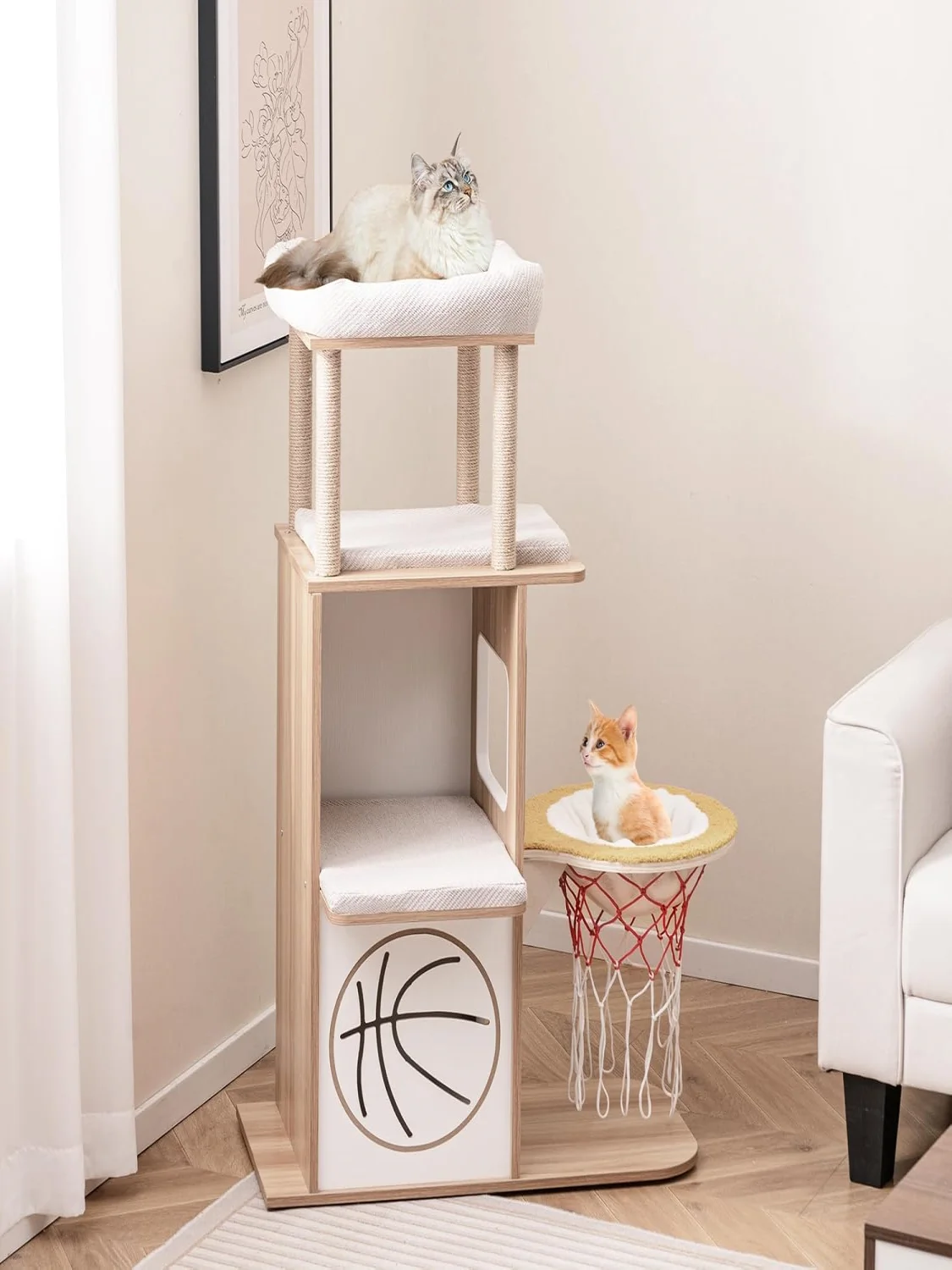 2 Katzen wohnungen, Sitz stangen, abnehmbare und wasch bare Kissen Kratz baum, 120 cm hoch, mit 5 Ebenen und einem Sport-Themen-Design – Detail 1