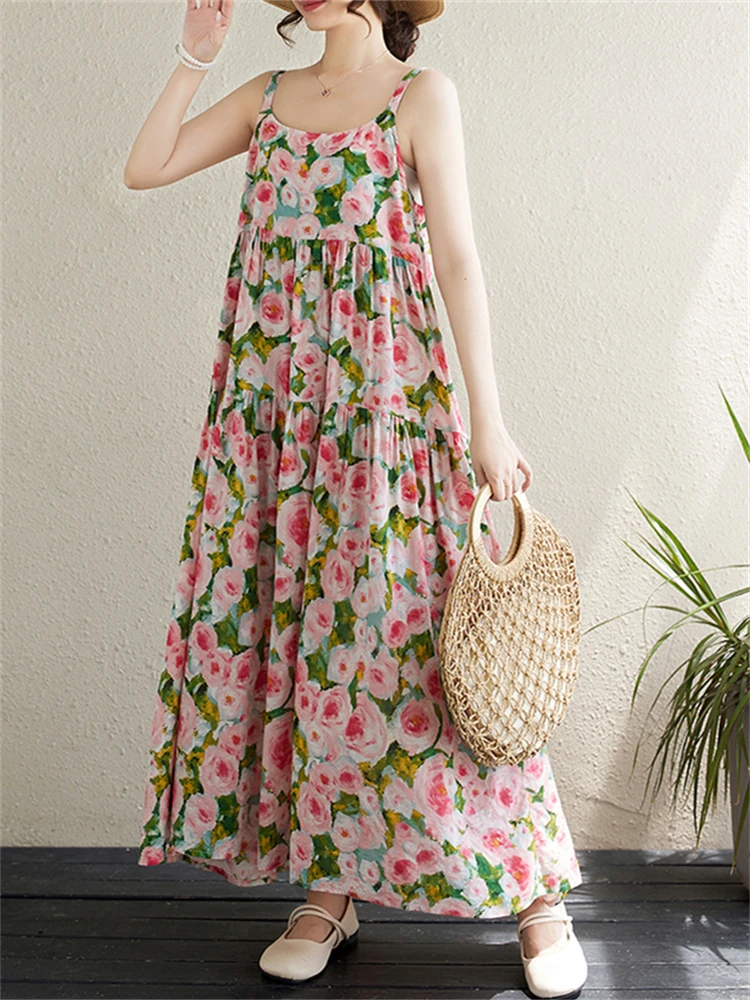 Cotton Vintage Sleeveless Spaghetti Strap Dresses For Women 2025 New Summer Casual Long Dress Holiday Beach Femme Robe Clothing