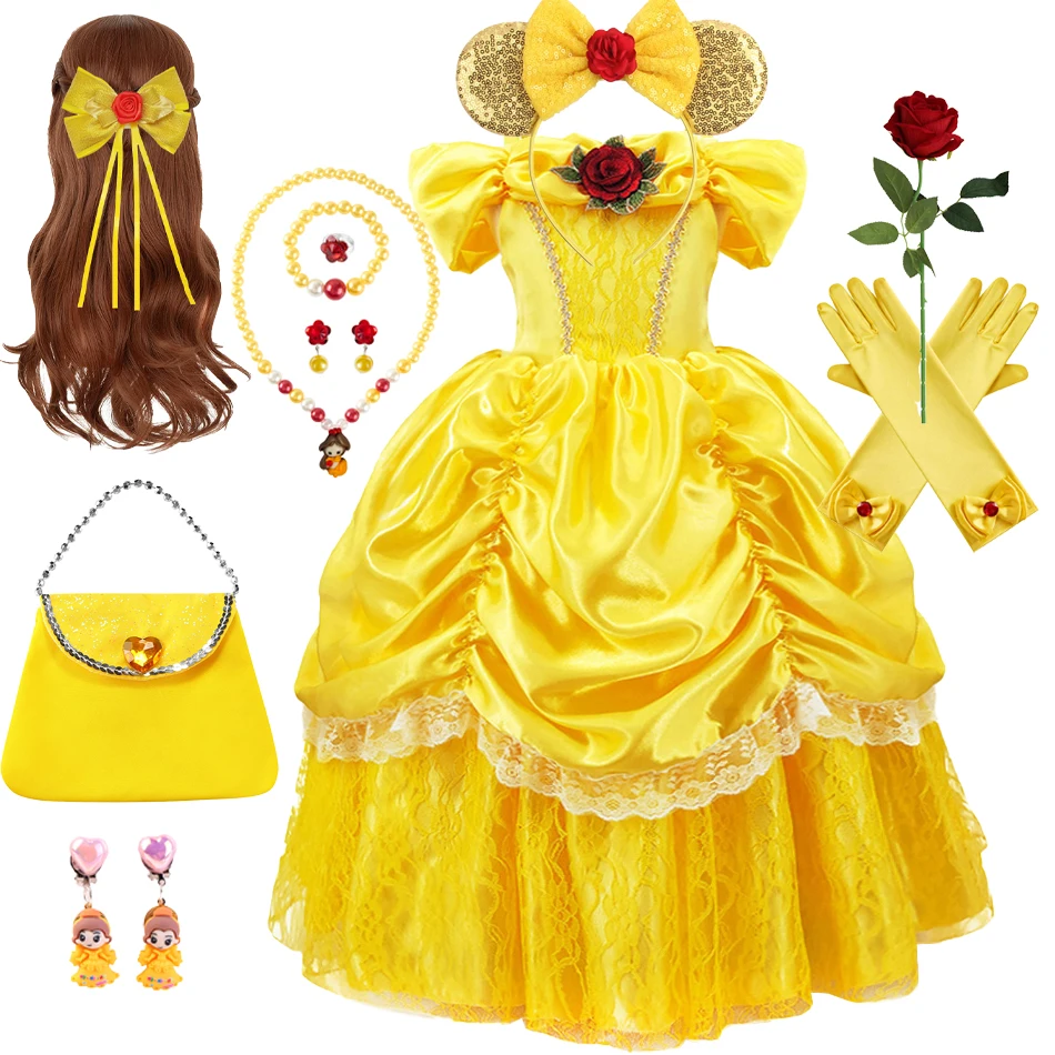 Vicloon Vestido de Princesa Bella,3 Pcs Disfraz Princesa Niña con Vicloon Vestido de Princesa Bella,3 Pcs Disfraz Princesa Niña con