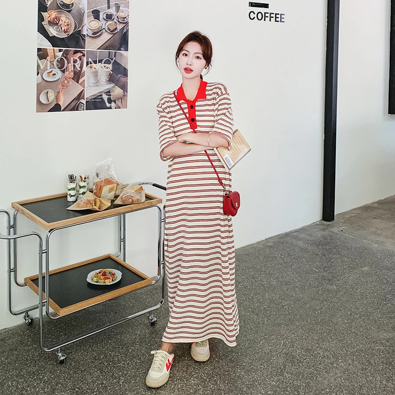 

Polo Collar Short Sleeve Stripe Long Dress 2023 Summer Women Elegant Fashion Korean Style Casual Loose Striaight Dresses 8908