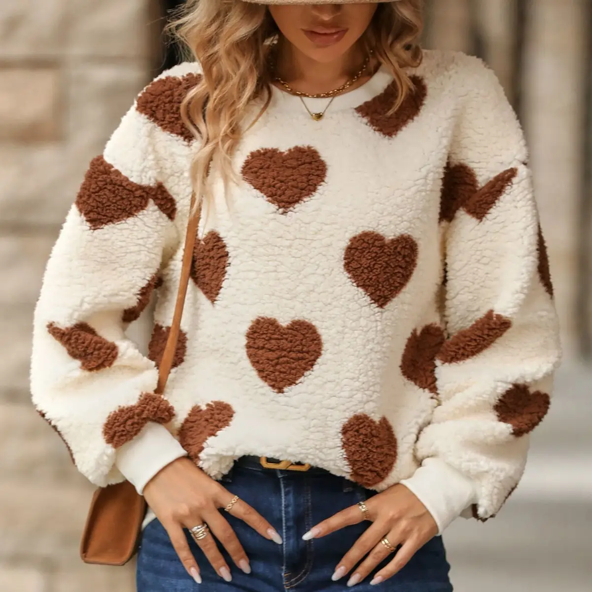 

New Autumn And Winter Women's Pullover Round Neck Warm Tops Love Printed Flocking Contrast Color Long-sleeved Shirts Casual Tops
