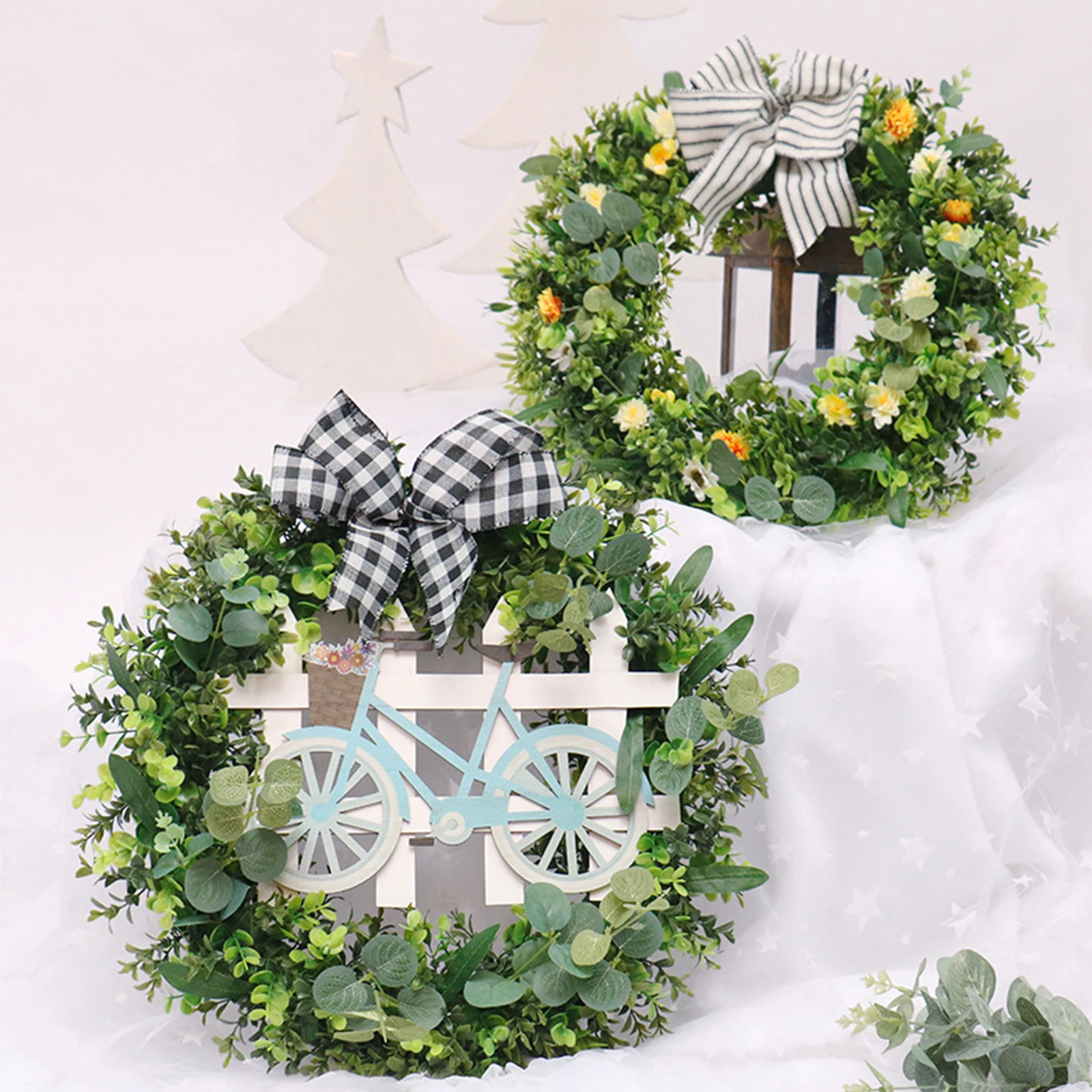 

48cm Spring Wreath with Bowknot Artificial Flower Green Leaves Garland Front Door Porch Welcome Sign Wall Hanging Home Decor