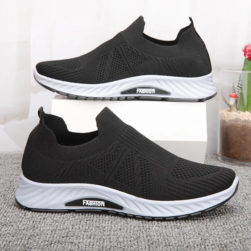 Solid Fashion Knitting Casual Shoes Men Super Light Breathable Stretch Socks Shoes Sneakers Slip On Tenis Masculino Black Zapato 3