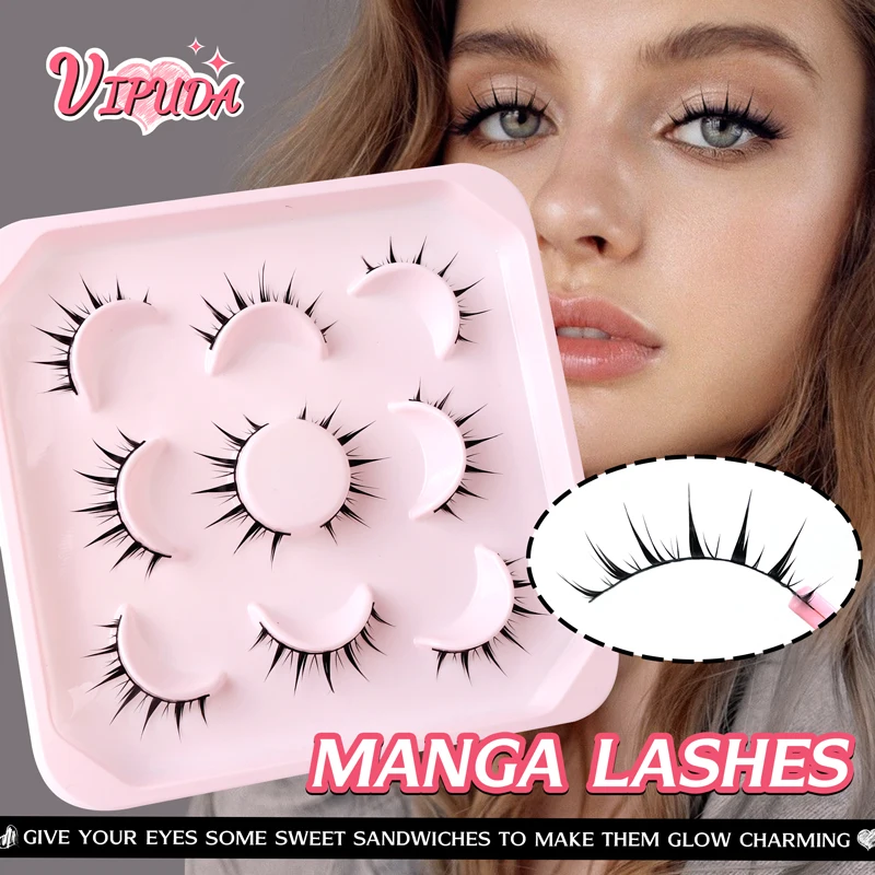 5Pairs Manga Lashes Natural Look Anime Lashes Thin Band Natural Spiky 3D Faux Mink Lashes Short Fluffy Soft Cross Cute Lashes