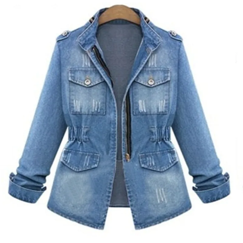 Plus Size Denim Jacket for Women, Casual Solid Oversize Coat, Ladies Slim Jeans, Chain Pocket, Autumn