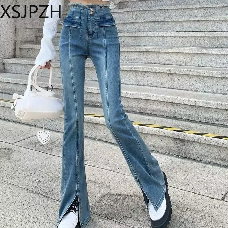 

Women's Pants Korean Style High Waisted Split Design Slimming Flared Trouser Spring New Jeans 2023 Fashion Cowboy Girl Tide