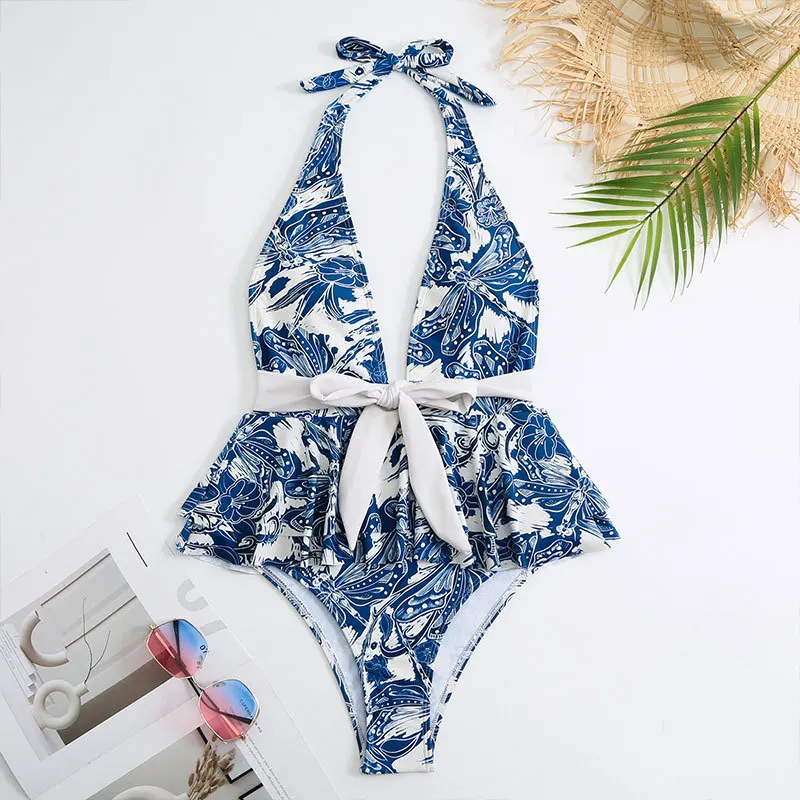 

2023 Women Sexy Deep V Plunge High Waist One Piece Swimsuit Peplum Swimwear Floral Front Tie Knot Bathing Suit Summer Monokini