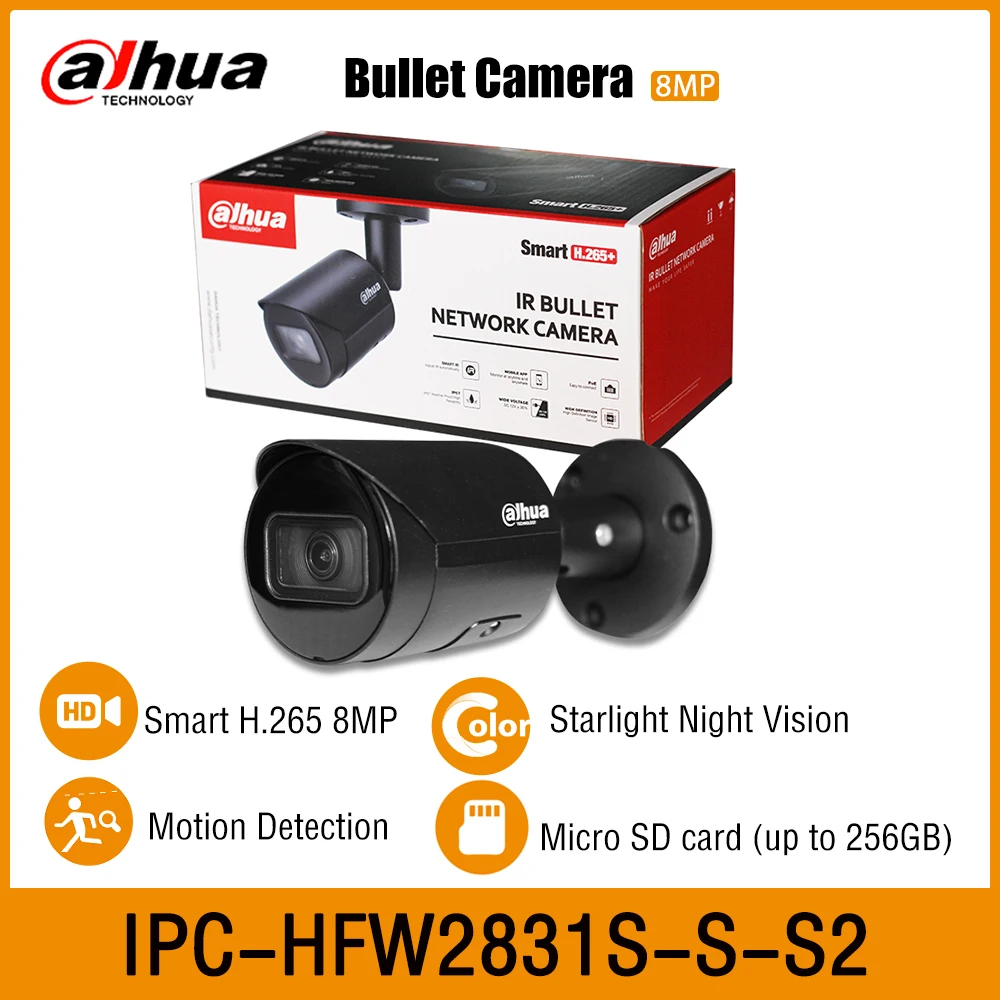 

Dahua IPC-HFW2831S-S-S2 8MP Lite IR 30M Smart H.265 WDR IP67 Starlight Fixed-focal Outdoor Bullet Network PoE IP Camera SD Card