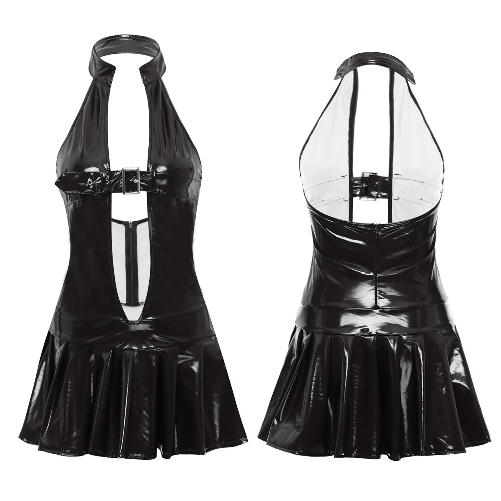 Lingerie Sexy Mini Dress Women Patent Leather Party Club Dress Front Cutout Sleeveless Mini Dress for Erotic Nightwear Costume
