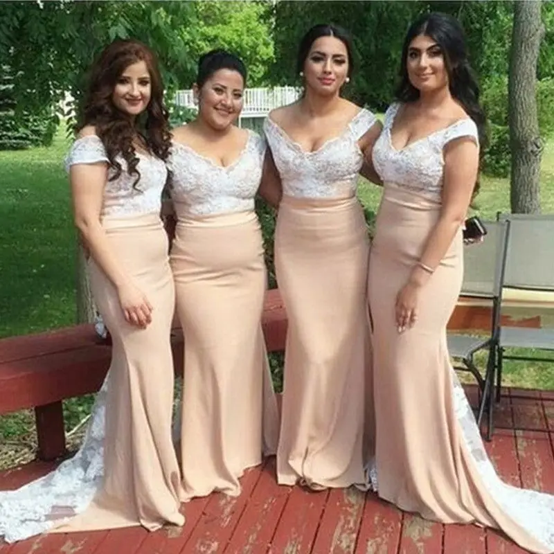 

Lorencia Peach Mermaid Long Bridesmaid Dresses Off The Shoulder White Lace Appliques African Maid of Honor Party Gowns YBD13