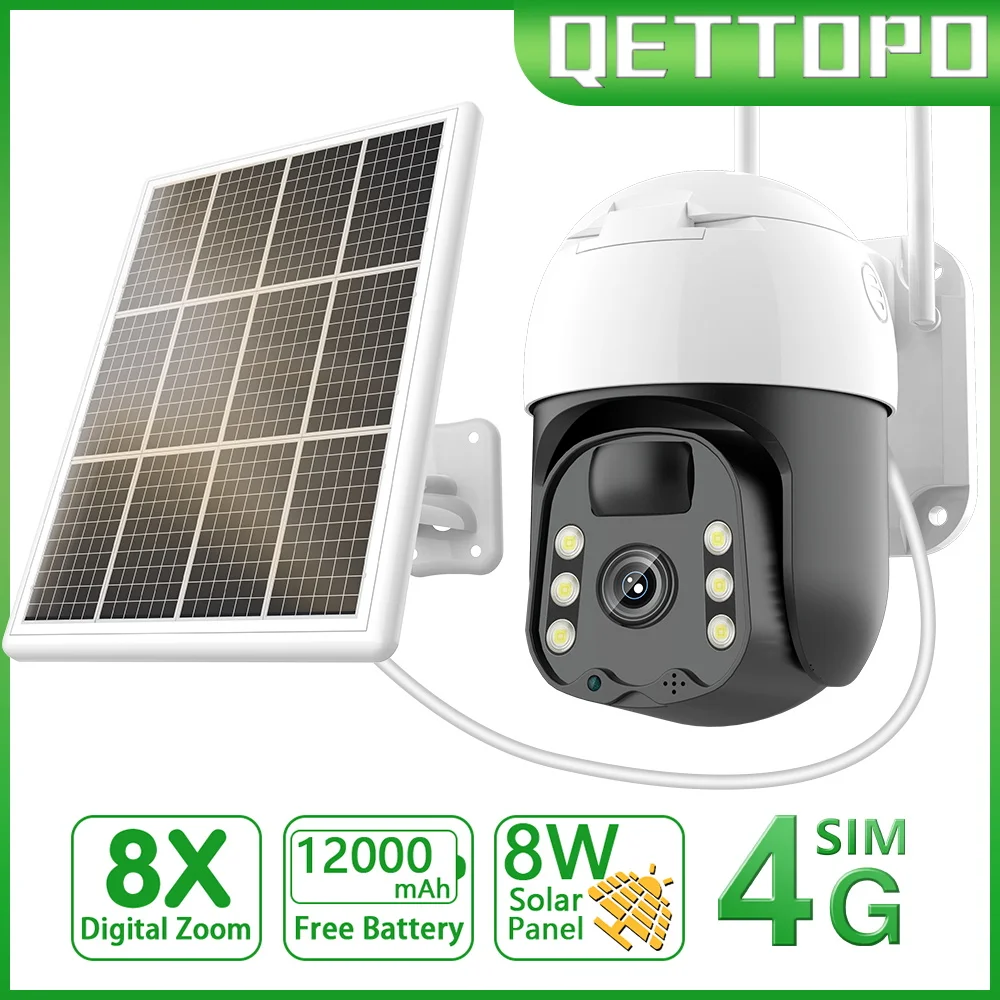 Qettopo 5MP 4G Solar Outdoor Camera 12000mA Battery PIR Human Detection