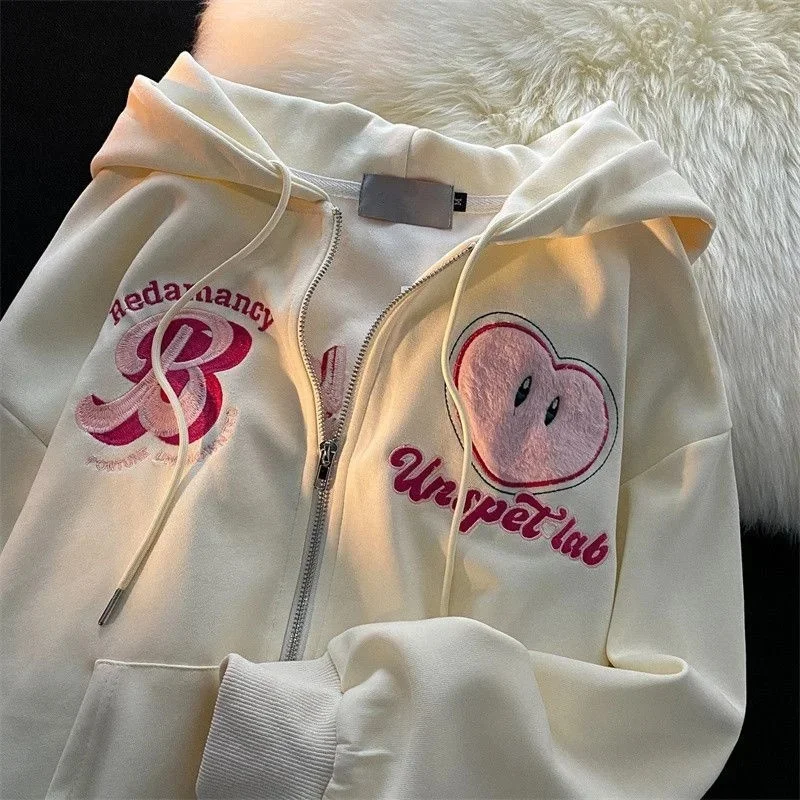 

Embroidery Letter Hoodies Women Men Retro Oversized Loose Zipper Hooded Sweatshirts Casual Lovers Long Sleeve Hoodie Streetwear