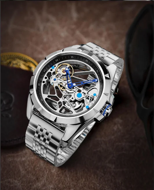 Automatic men's Watch Stainless steel Case Casual Hollowed Design Black Leather Strap Mens Watches  Mechanical Skeleton Watch