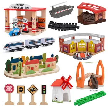 New Wooden Train Track Set Accessories Bridge Train Station Wooden Railway System Expansion Accessories