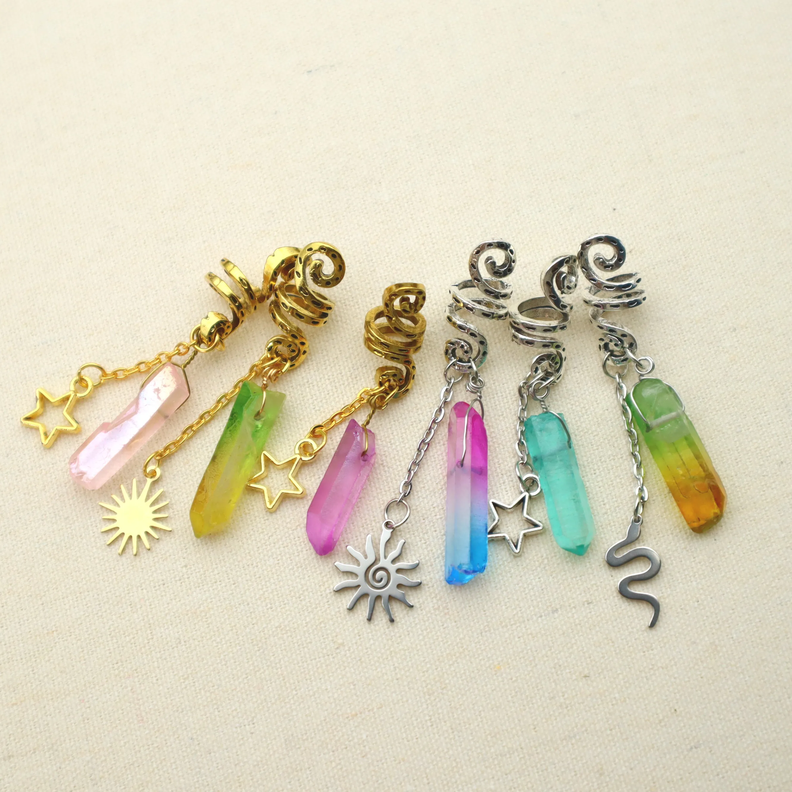 Golden hair ring Viking crystal hair beads raw crystal five-star hair accessories braids jewelry gifts