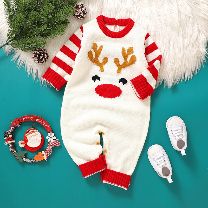 Baby Girls Boys Christmas Knit Romper Elk Pattern Stripe Long Sleeves Round Neck Full Length Jumpsuit baby sweater romper 0-18M