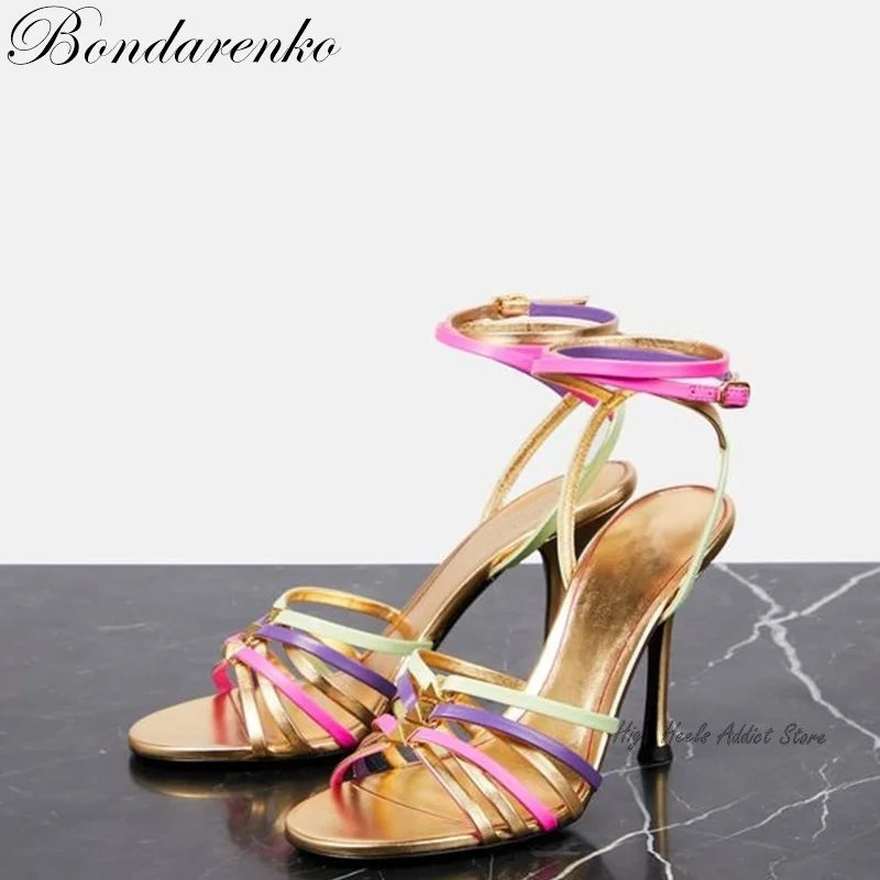 

Rockstud Strappy Leather Sandals in Multicoloured Elegant Gold High Heels Women Summer New Luxury Designer Party Office Shoes