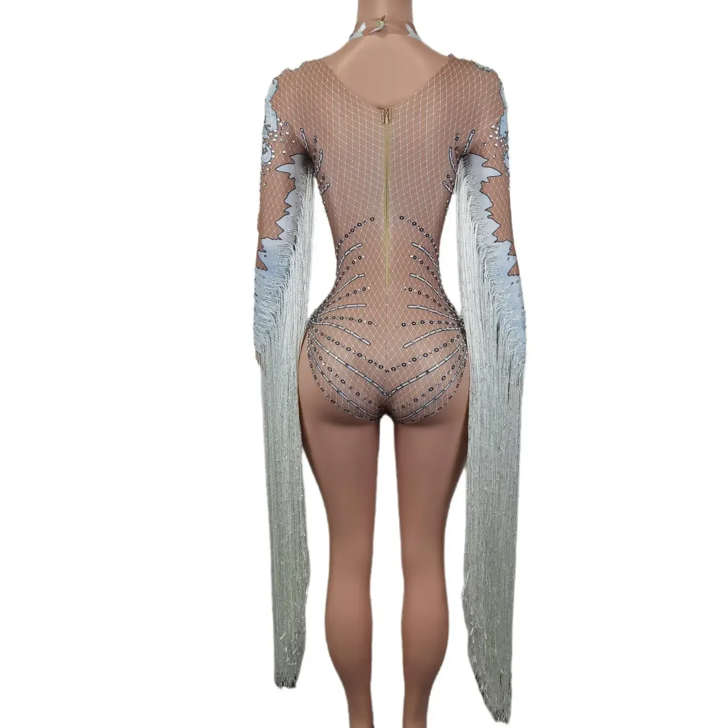 New Designer Print Rhinestone Tassel Rompers Ladies Short Jumpsuit Slim Fit Show Dance Leotard Women Stage Performance Bodysuits