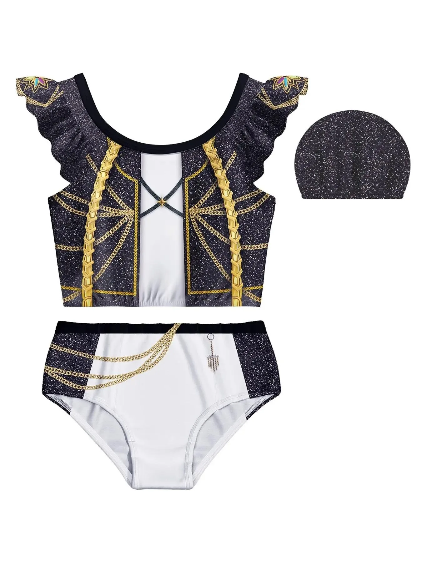 Glam Rock Mädchen 3-teiliges Badeanzug-Set Schwarz Gold Ketten-Print Rüschen-Top & Kontrastfarbene Unterteile mit Badekappe Kinder-Konzertkostüm