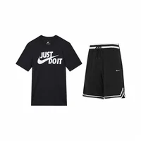 Nike T-shirt à manches courtes à col rond avec imprimé lettres et short rayé rétro à blocs de couleur Cas AR5007-011+DH7161-010 Ensemble de sport ual 1