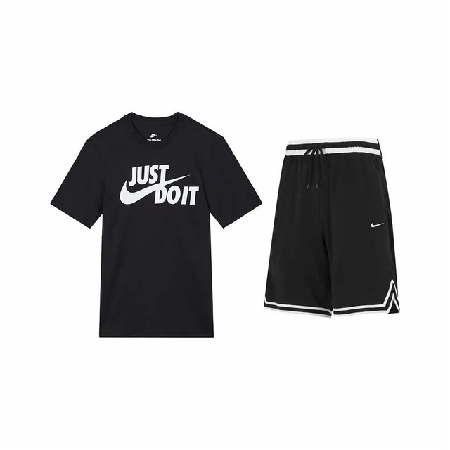 Nike T-shirt à manches courtes à col rond avec imprimé lettres et short rayé rétro à blocs de couleur Cas AR5007-011+DH7161-010 Ensemble de sport ual 1