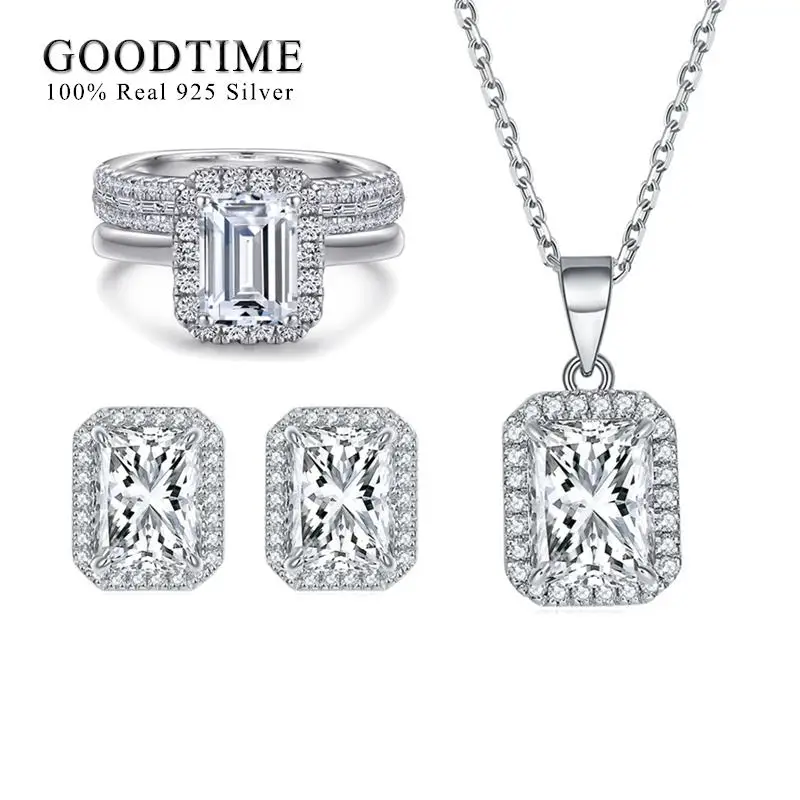 

Luxury Pure S925 Sterling Silver Bridal Jewelry Set Square Zircon Necklace Earrings Ring Woman Accessories For Bridal Wedding