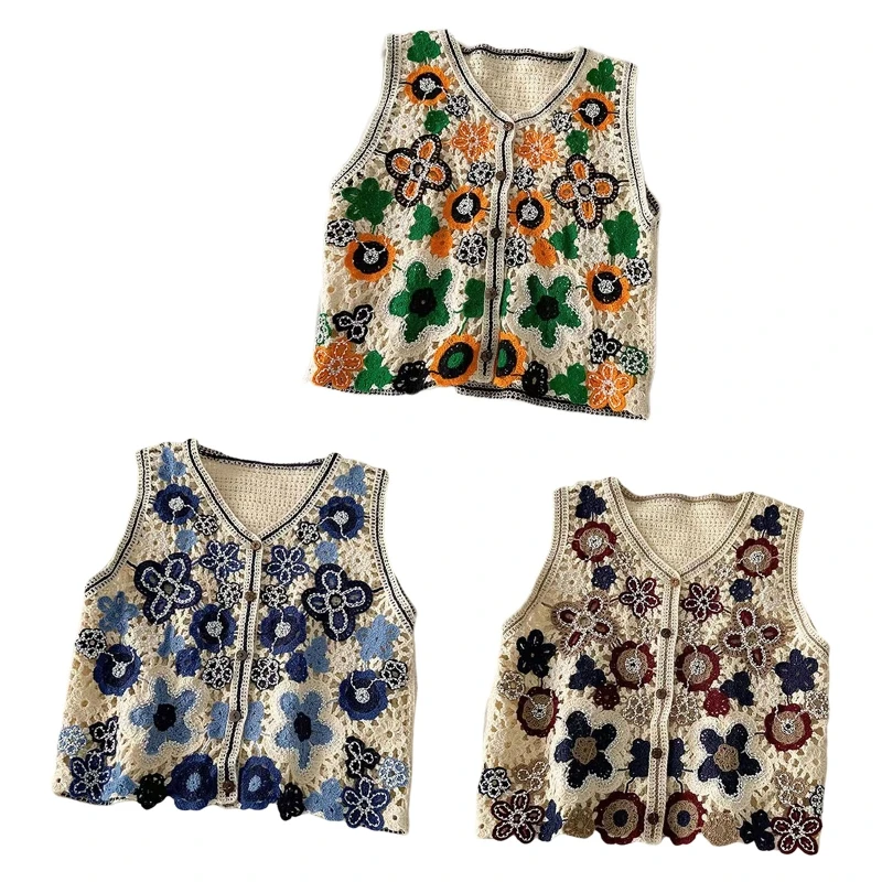 Women Hollow Crochet Knit Vest Waistcoat Beaded Embroidery Colorful Floral Sleeveless Cardigan for Jacket Button Crop Dropship